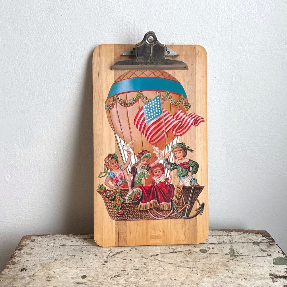 Vintage 1985 Merrimack Hot Air Balloon Embossed Paper Scrap Wood Clipboard